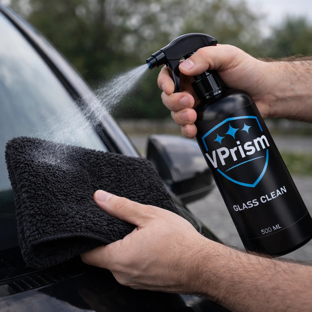 alt="Почистване на мръсно предно стъкло с Clean Towel и GLASS CLEAN"